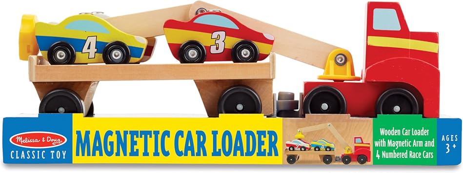 Melissa & Doug Magnetic Car Loader Wooden Toy Set with 4 Cars and Toy Truck - Pretend Play and Race Car Fun for Preschool Toys, Ages 3+