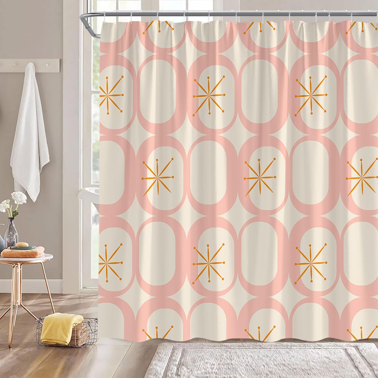 Mid Century Modern Extra Long Shower Curtain Abstract Atomic Geometric Round Squares Retro 50s Pink Fabic with Hooks for Bathroom Decor,70x78 Inch