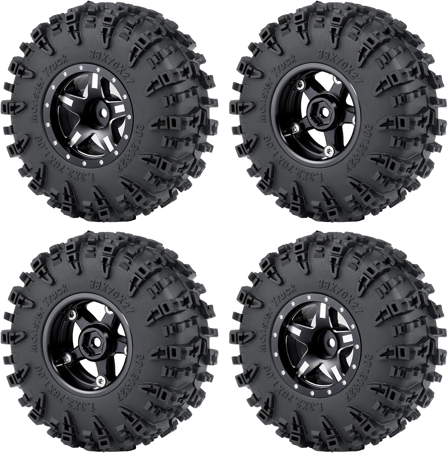 4PCS 1.3" Beadlock Wheel Tires Set Aluminum 1.3inch 5-Spoke Beadlock Wheel Hub Wheel Rim 7mm Hex ＆ 70mm/2.76inch Rubber Crawler Tires for 1/18 1/24 RC Crawler Car SCX24 TRX4M (Black)