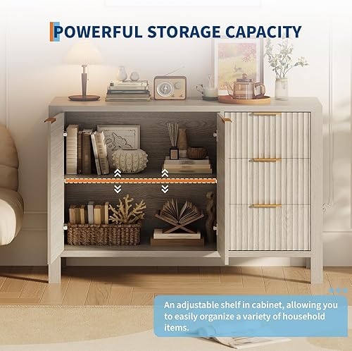 Miniatura 4 de Garvee Aparador de bufé acanalado de 46.5 pulgadas, armario de almacenamiento moderno con 2 puertas, 3 cajones y estante ajustable, mesa de consola