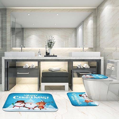 Miniatura 7 de ArtSocket Juego de 3 tapetes de baño de Navidad, diseño de Papá Noel, muñeco de nieve, alce, funda lavable, juego de 3 tapetes de baño para