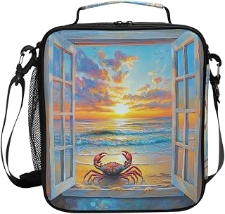 Crabs and Sunset Lunch Box for Boys Girls Lunchbox Insulated Lunch Bag with Adjustable Shoulder Strap Kids Tote Bags Cooler School Picnic
