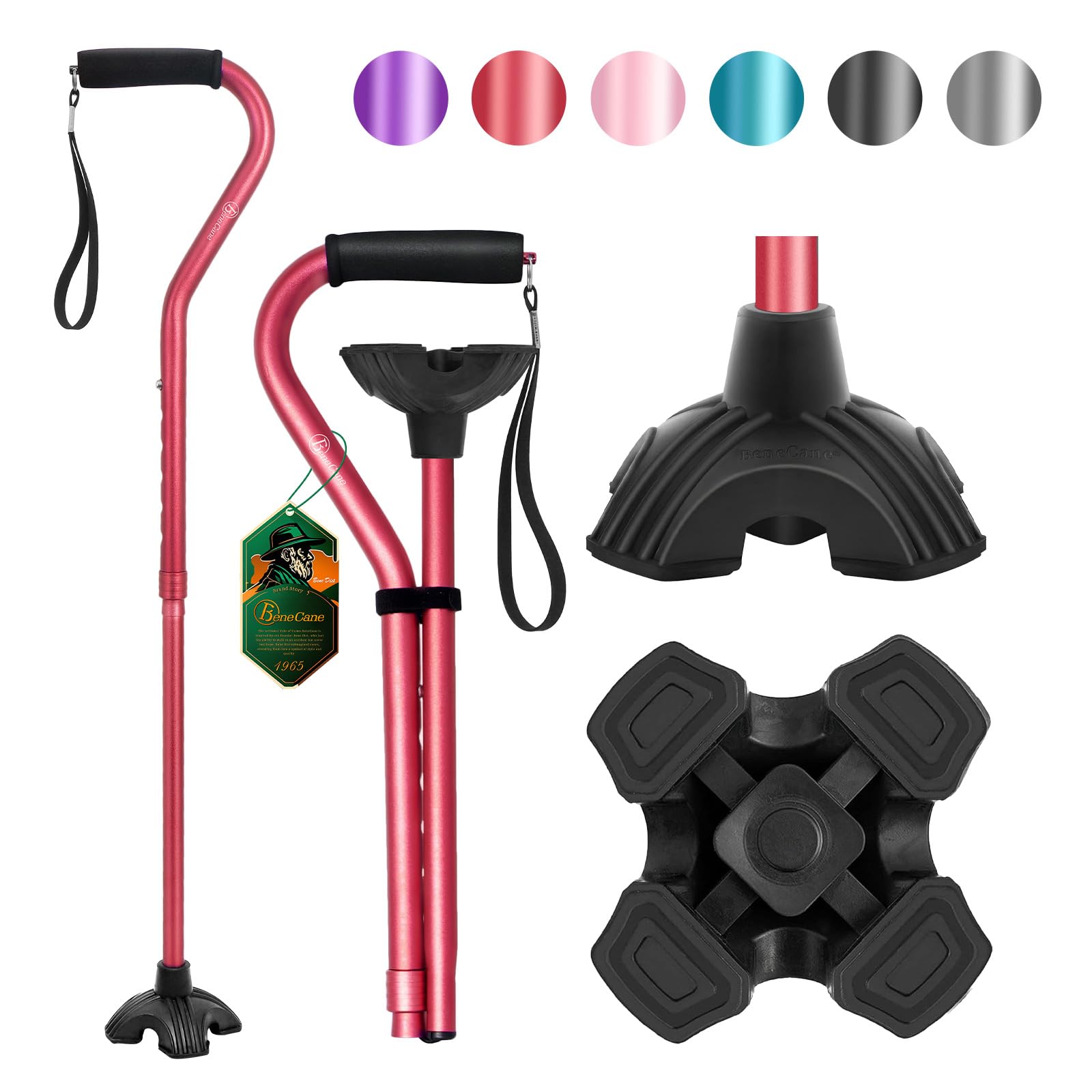 BeneCane Walking Cane Adjustable Cane with Offset Soft Cushioned Handle for Men & Women Lightweight Comfortable Extra Stability Base Mobility Aid for Men Women and Seniors