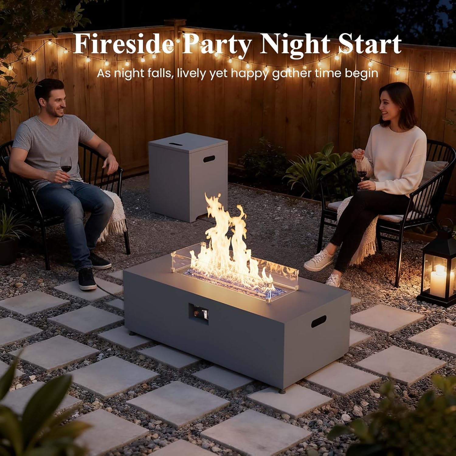 LayinSun 42 Inch Outdoor Fire Pit Table for Outside Patio, 55000BTU Rectangle Propane Firepit with Hidden Fuel Tank, Glass Wind Guard, Waterproof Cover and Lid
