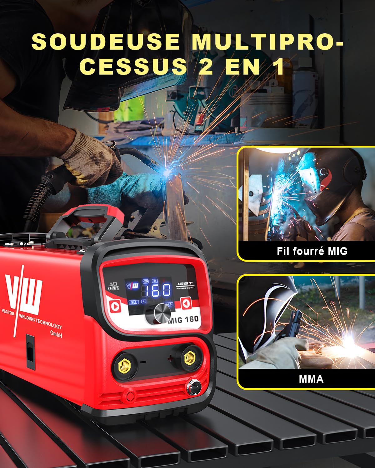 VECTOR WELDING Poste à Souder Fil Fourré Sans Gaz 160 A, Machine de Souder Inversor Mig Mag Portable avec écran LED, Soudeur à fil sans gaz MIG/MMA pour Débutants, IGBT MIG 160A Set