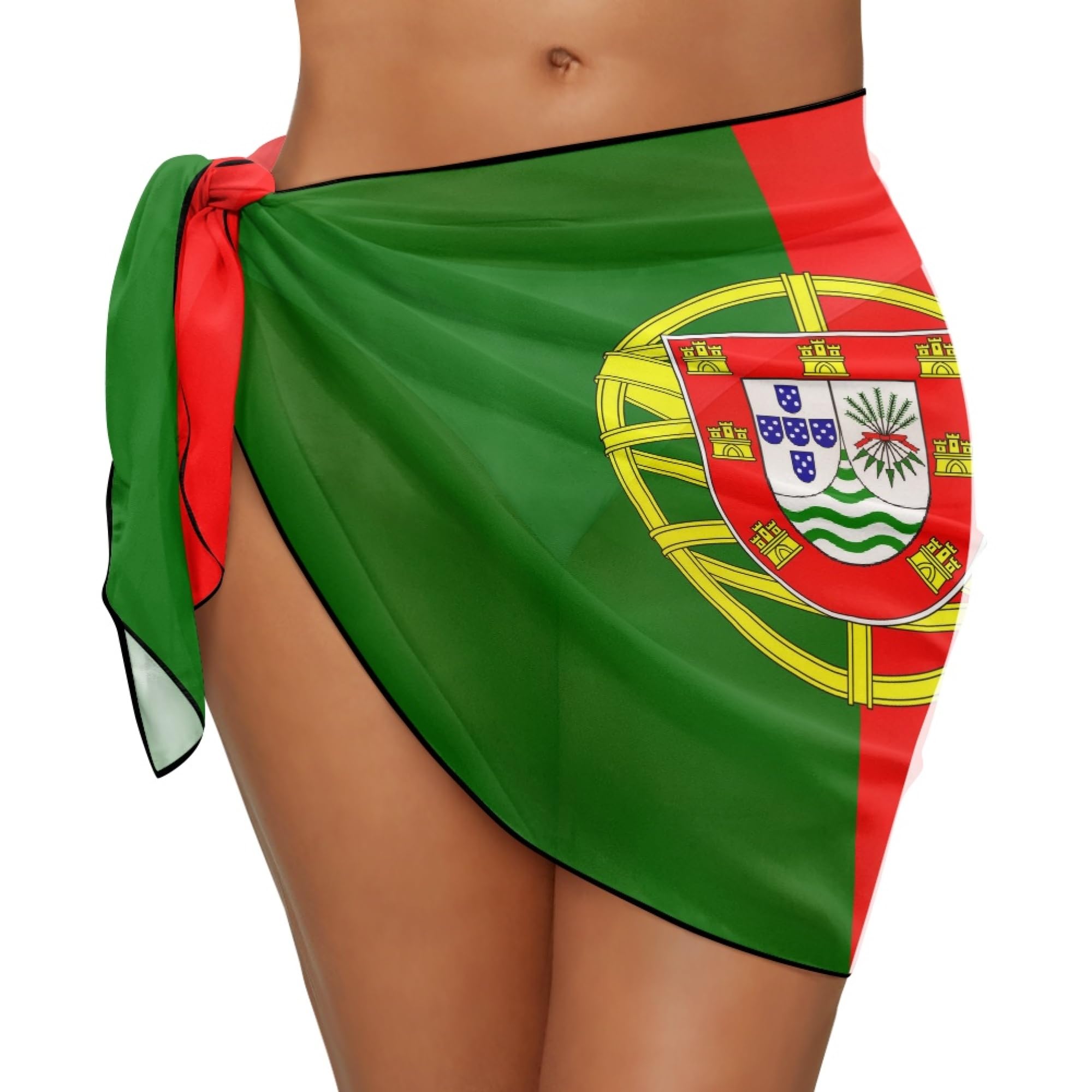Country Flag Printed Women's Chiffon Blouse Swimsuit Cover-Up Sarong Beach Bikini Wrap Sheer Short Skirt Scarf Pool Vacation, Portugal, One Size