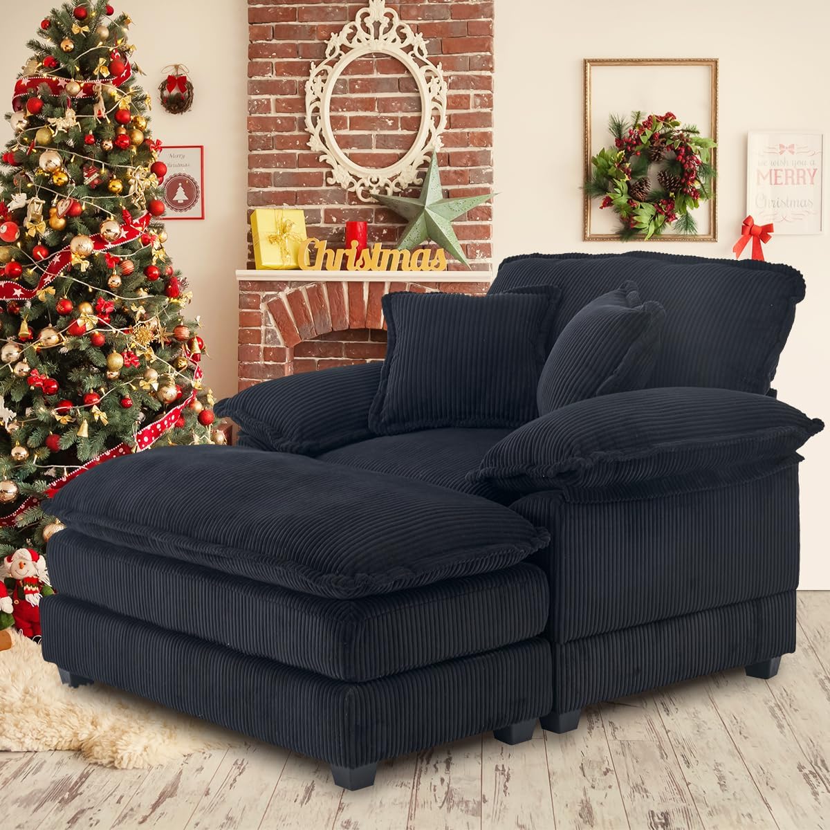 Oversized Convertible Chaise Lounge Chair Indoor, Corduroy Deep Seat Chair Bed Sleeper, 2 Layer Thicken Upholstered Sleeper Sofa with Ottoman & Pillows, 56.3" W Lounge Sofa Chair (White)