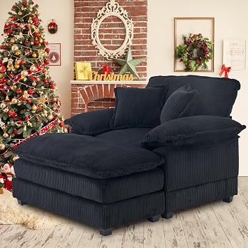 Oversized Convertible Chaise Lounge Chair Indoor, Corduroy Deep Seat Chair Bed Sleeper, 2 Layer Thicken Upholstered Sleeper Sofa with Ottoman & Pillows, 56.3" W Lounge Sofa Chair Black