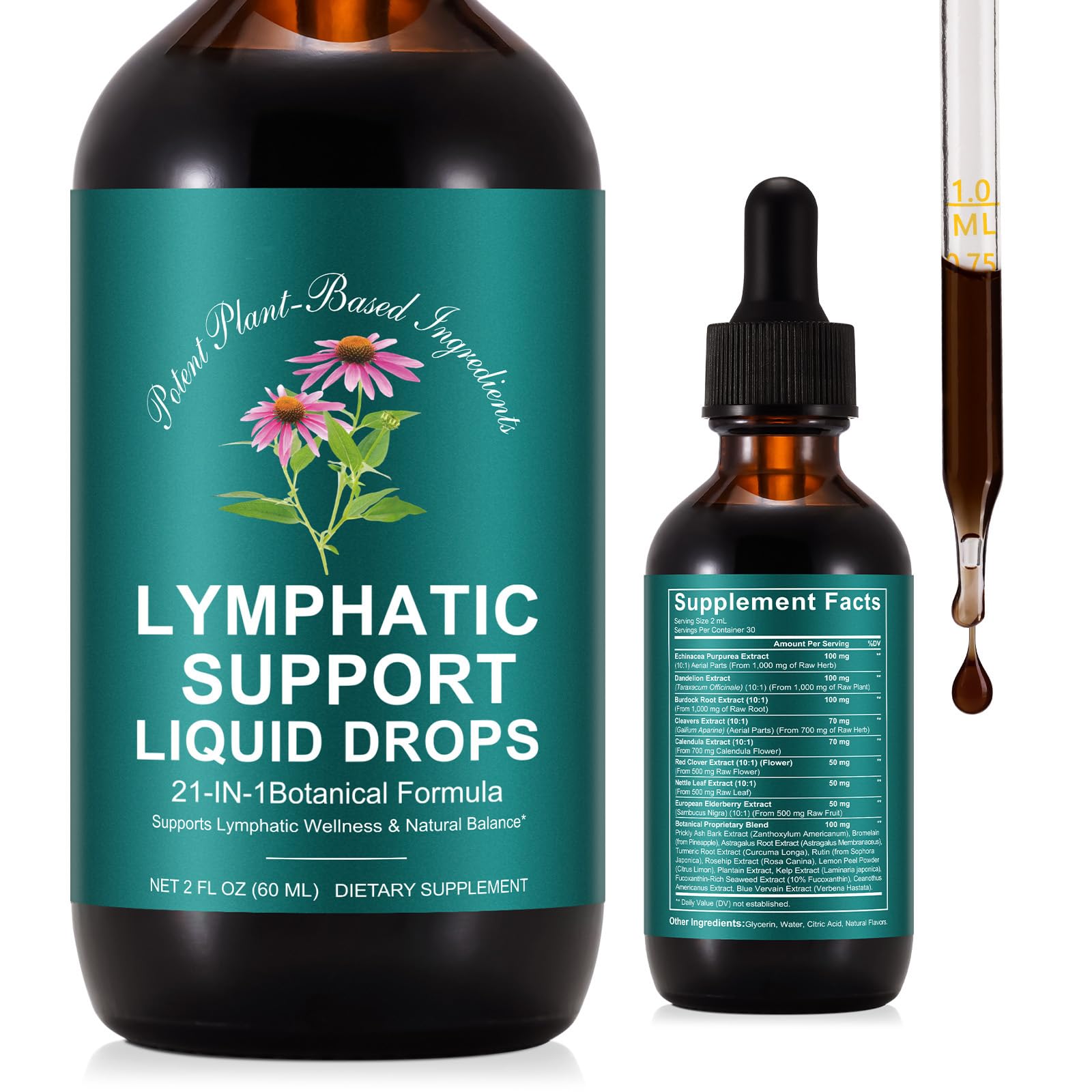 Lymphatic Drainage Drops | 21-in-1 Lymph System Support Supplement | Lymph Cleanse with Turmeric, Echinacea, Elderberry & Dandelion | for Women & Men, 2 fl oz