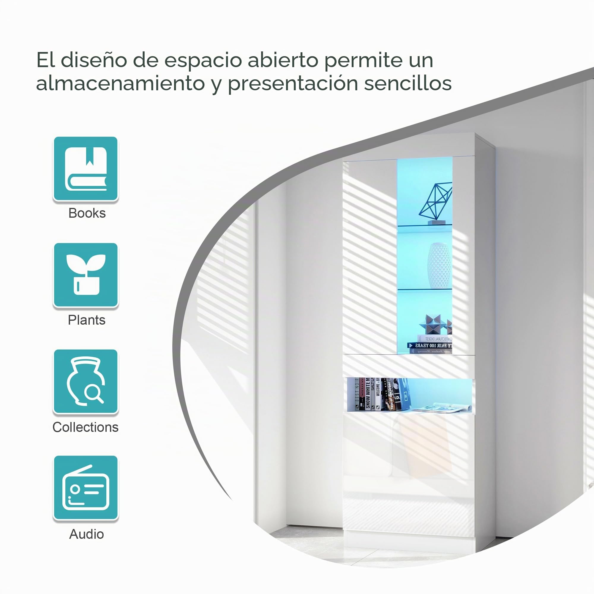Soweiz Vitrina LED con 16 Colores de Iluminación, Armario para Salón, Pared, Color Blanco, 50 x 180 x 40 cm