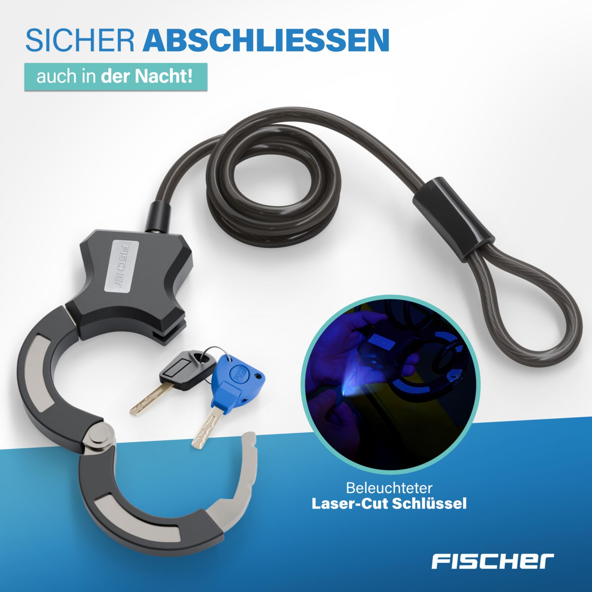 FISCHER Lucchetto a spirale per bicicletta, 120 cm, nero, con supporto, lucchetto con morsetto, per bicicletta elettrica, scooter elettrico