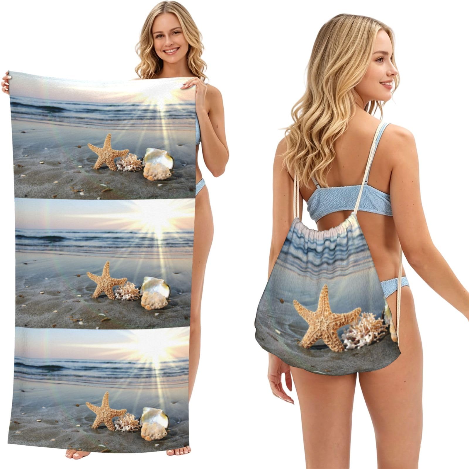 Poadnly As Picture Starfish Shell Sunny Beach, 2 In 1 Packable Towel Bag, Beach Towels With Drawstring Backpack For Travel Holiday Camping