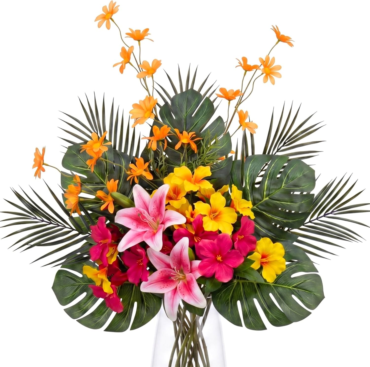 Yinder 16 Pcs Artificial Tropical Bouquet, Artificial Lilies, Azaleas, Daisies, Monstera, and Palm Leaves, Tropical Flowers Centerpieces for Tables Vase Hawaiian Party Home Wedding
