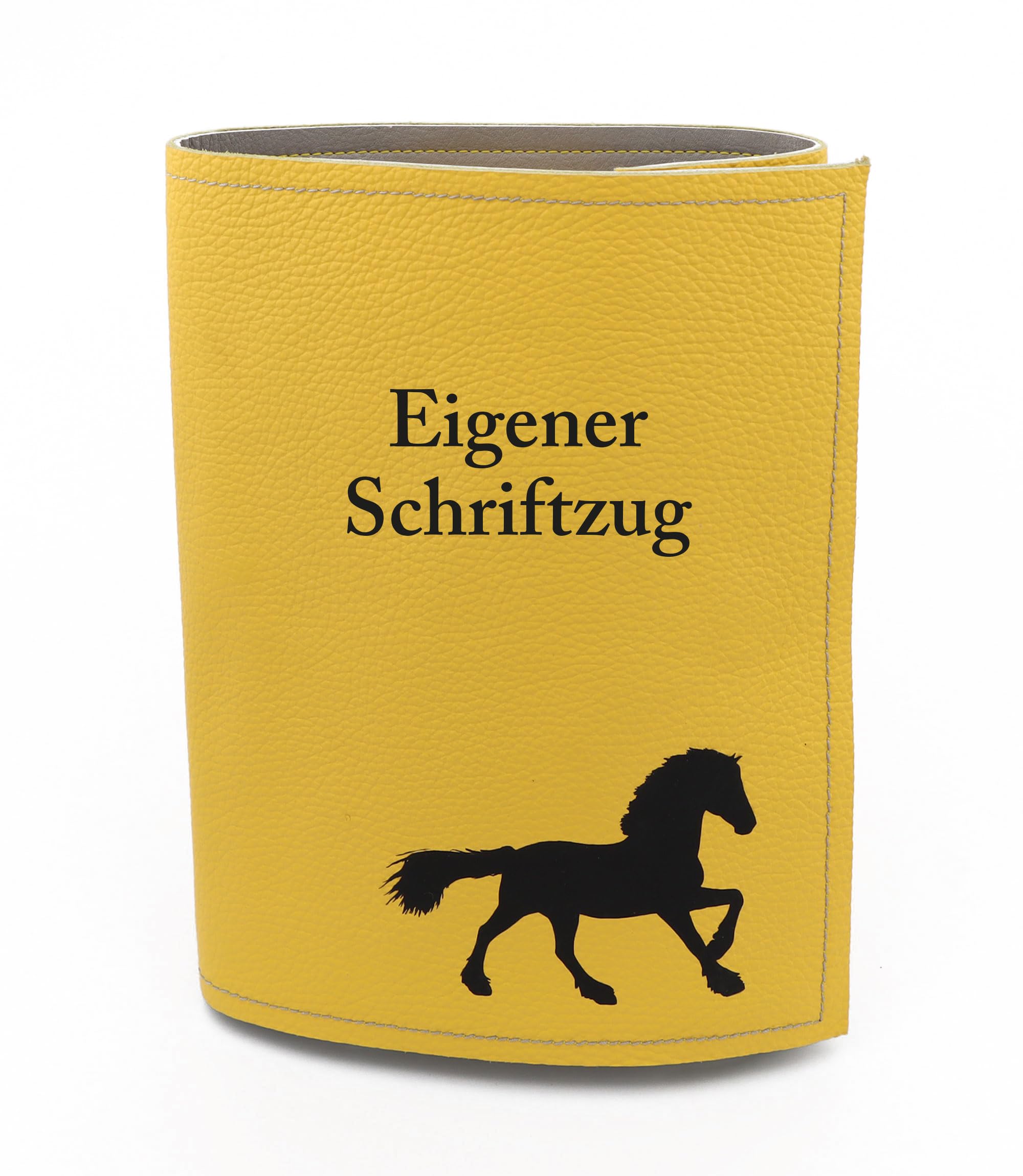 Pferdepass-Mappe für bis zu 7 Equidenpässe aus gelben Leder, mit Pferdemotiv und eigenem Schriftzug