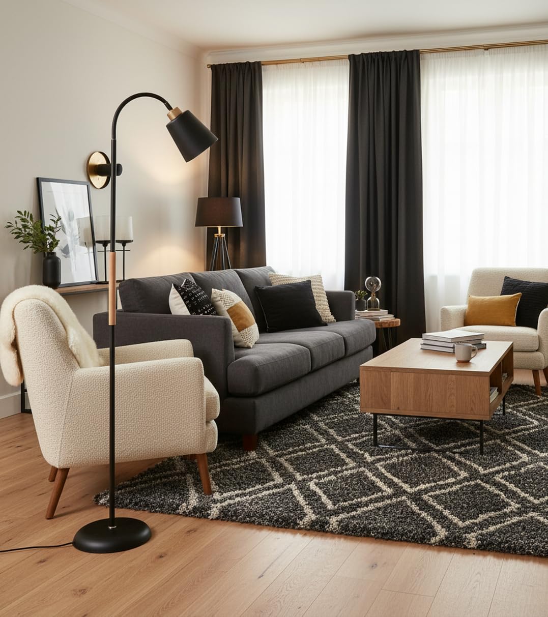BEL AIR HOME - Lámpara de Pie SWEDEN - Metal Madera Altura 150cm Acabado Mate Brazo Orientable Portalámparas E27 Iluminación Escandinava para Salón y Lectura (NEGRO)