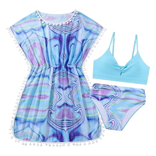 Conjunto de biquíni de 3 peças para meninas com estampa tropical para meninas de 8 a 16 anos