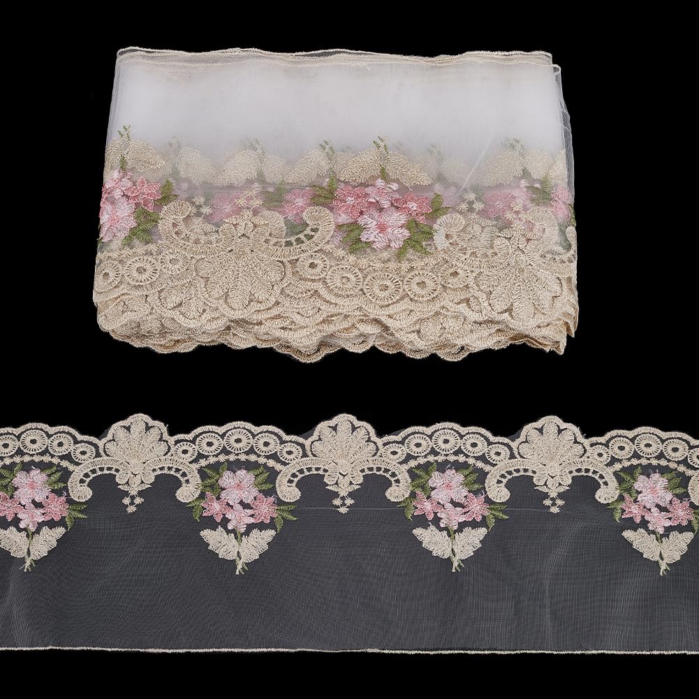 FINGERINSPIRE 4.5M Floral Embroidery Lace Sewing Mesh Tulle 19cm Wide Embroidery Hollow Flower Mesh Lace Trim Ivory White Polyester Floral Tulle Lace Edge Trim Ribbon for Wedding Dresses DIY Decor