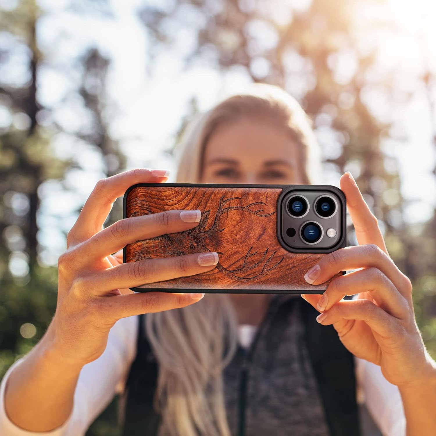 Carveit Magnetic Wood Case for iPhone 14 Pro Case [Natural Wood & Black Soft TPU] Unique & Classy Wooden Shockproof Protective Cover Compatible with magsafe (Deer Head -Rosy)