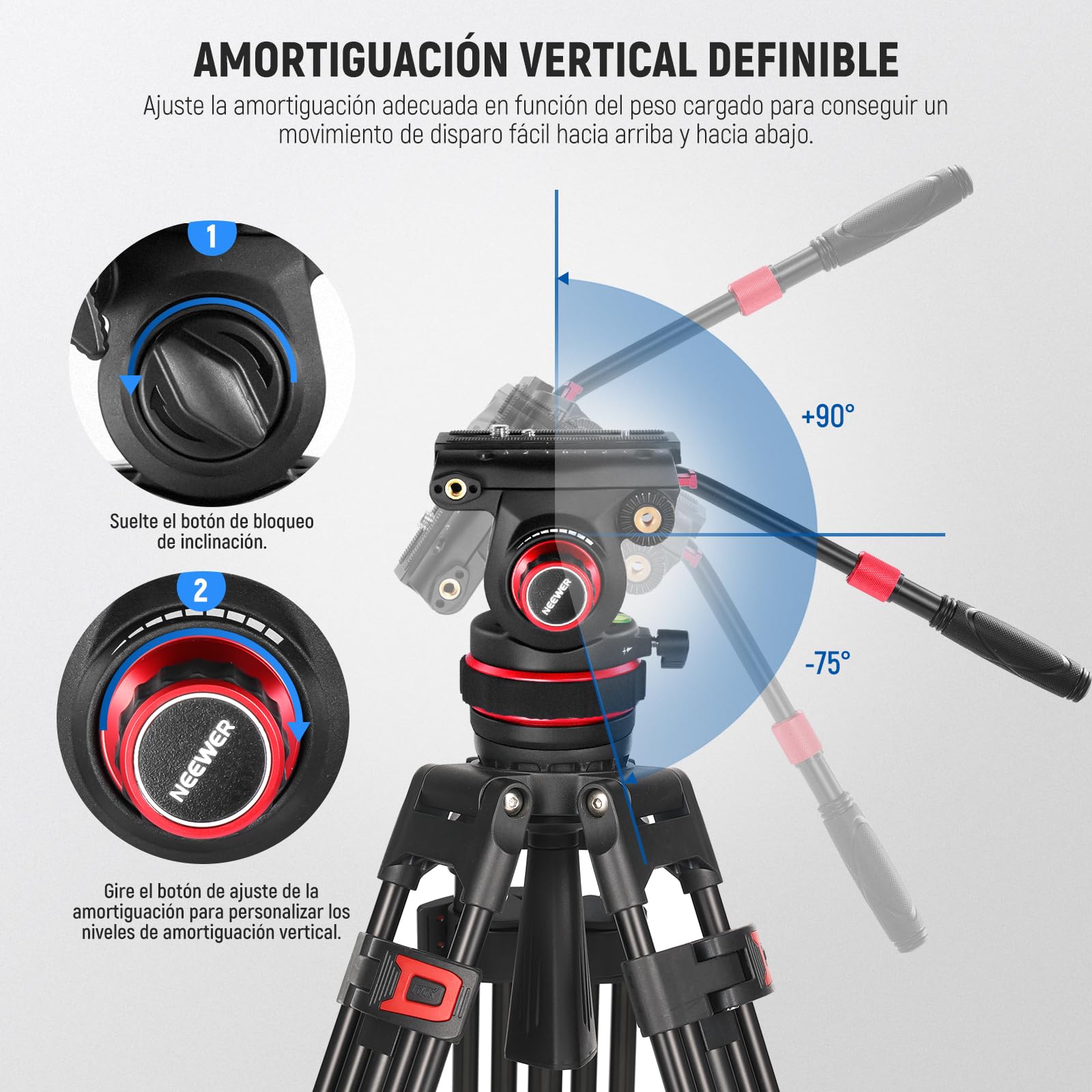 NEEWER Cabezal Fluido para Trípode de Video Resistente con Amortiguación, Placa de Liberación Rápida, Compatible con dji RS Gimbals, Mango Ajustable, Base de ⌀75mm, Carga Máxima 10kg, GM006