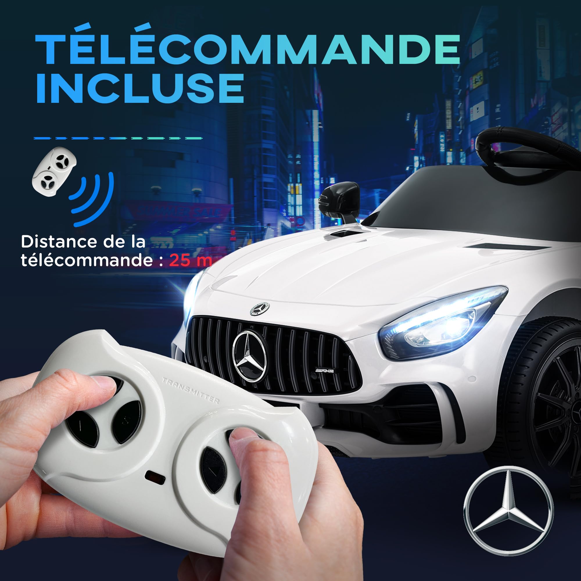 AIYAPLAY Voiture Électrique Enfants Mercedes-Benz AMG GTR 12V Blanc | sous Licence, Télécommande 2,4G, Max. 5 km/h, Véhicule Électrique Enfant, Phares, Klaxon Et MP3, Blanc