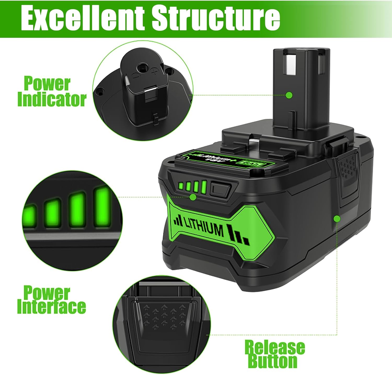 1 Pack 6000mAh Replacement Battery for Ryobi 18V Battery P102 P103 P104 P105 P107 P108 18 Volt for Ryobi Lithium Ion Battery Compatible with Ryobi Battery 18 Volt ONE+ Plus Power Tool