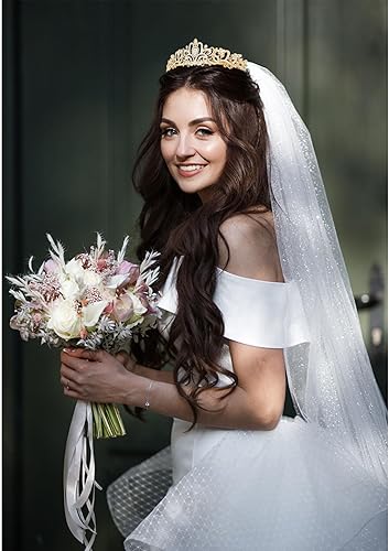 Miniatura 3 de YARIEW Corona dorada + velo de novia, tiara nupcial de boda con diamantes de imitación, decoraciones de despedida de soltera, regalo para mujeres y