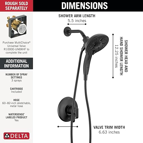 Miniatura 4 de Delta Faucet Tetra Serie 17 Juego de grifo de ducha negro mate de doble función con cabezal de ducha 2 en 1 In2ition con rociador de mano, grifo de