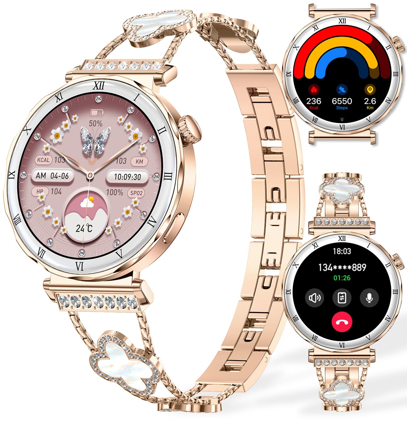 Smartwatch Damen Rund mit Telefonfunktion- 1.32 AMOLED Display, Fitnessuhr mit 110 Sportmodi &3ATM, Uhren Damen Herren für iOS/Android Schrittzähler mit Pulsmesser/ SpO2/ Schlafmonitor- Rosa