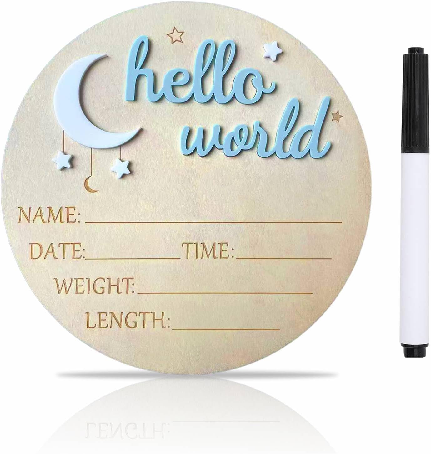 Baby Announcement Sign, ​5.9 Inch Wooden Hello World Newborn Signs, Birth Announcement Sign, Moon and Stars Decoration, Welcome Newborn Arrival To World, Hospital Nursery for Baby