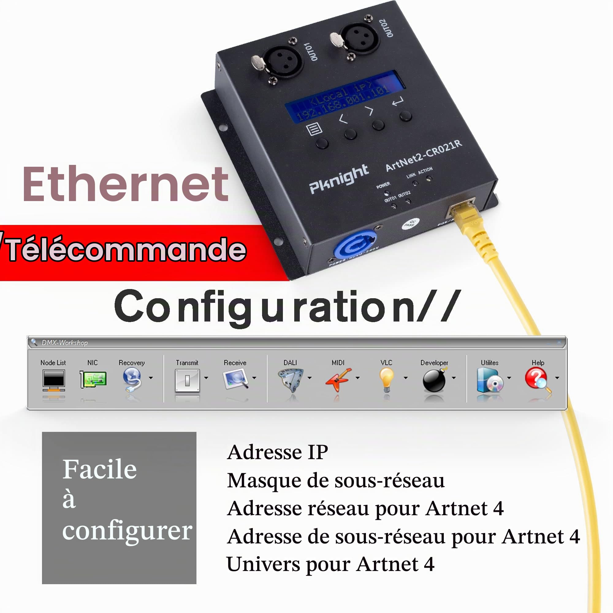 Pknight Interface de contrôle d’éclairage Pknight ArtNet DMX sur Ethernet (UK-CR021R)