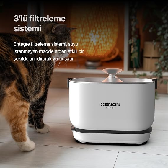 Xenon Smart Otomatik Şarj Edilebilir Bataryalı Kedi Su Sebili Hareket Sensörlü Pet Su Çeşmesi Kablosuz Evcil Hayvan Su Şelalesi Ultra Sessiz Çelik Tepsili Su Pınarı X8652 [Enerji Sınıfı A+]