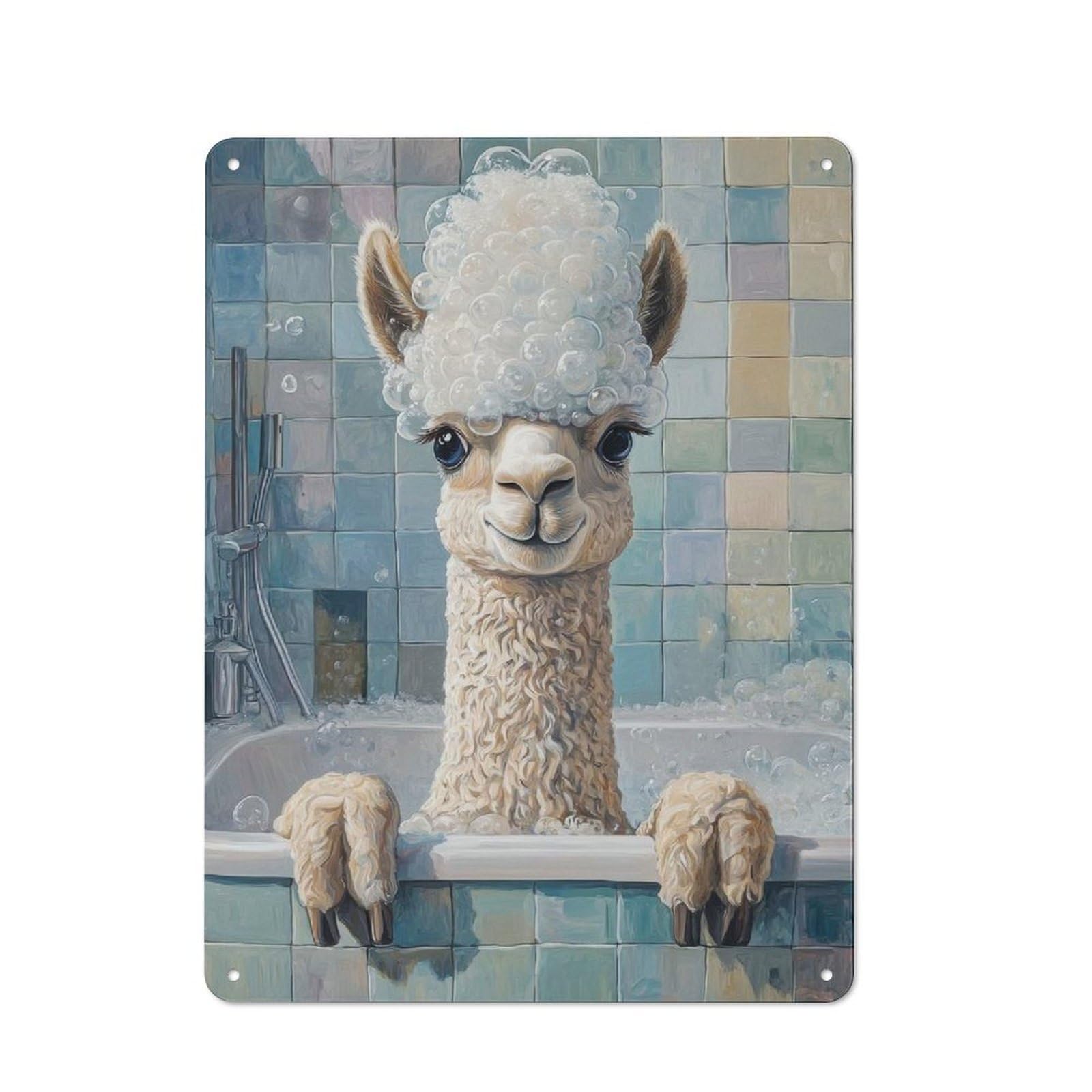 Junmoney Style-15 Alpaca Bath Time Decorative Metal Plaque 40X30cm, Shop Front Style Bistro Wall Plaque For Tea Room, Shop Wall Or Breakfast Area