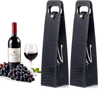 Liobelon 2 Pieces Leather Wine Gift Bag, Single Champagne Gift Bag, Portable Bottle Wine Tote Carrier with Handle for Birthday, Wedding, Picnic Party, Christmas (black)