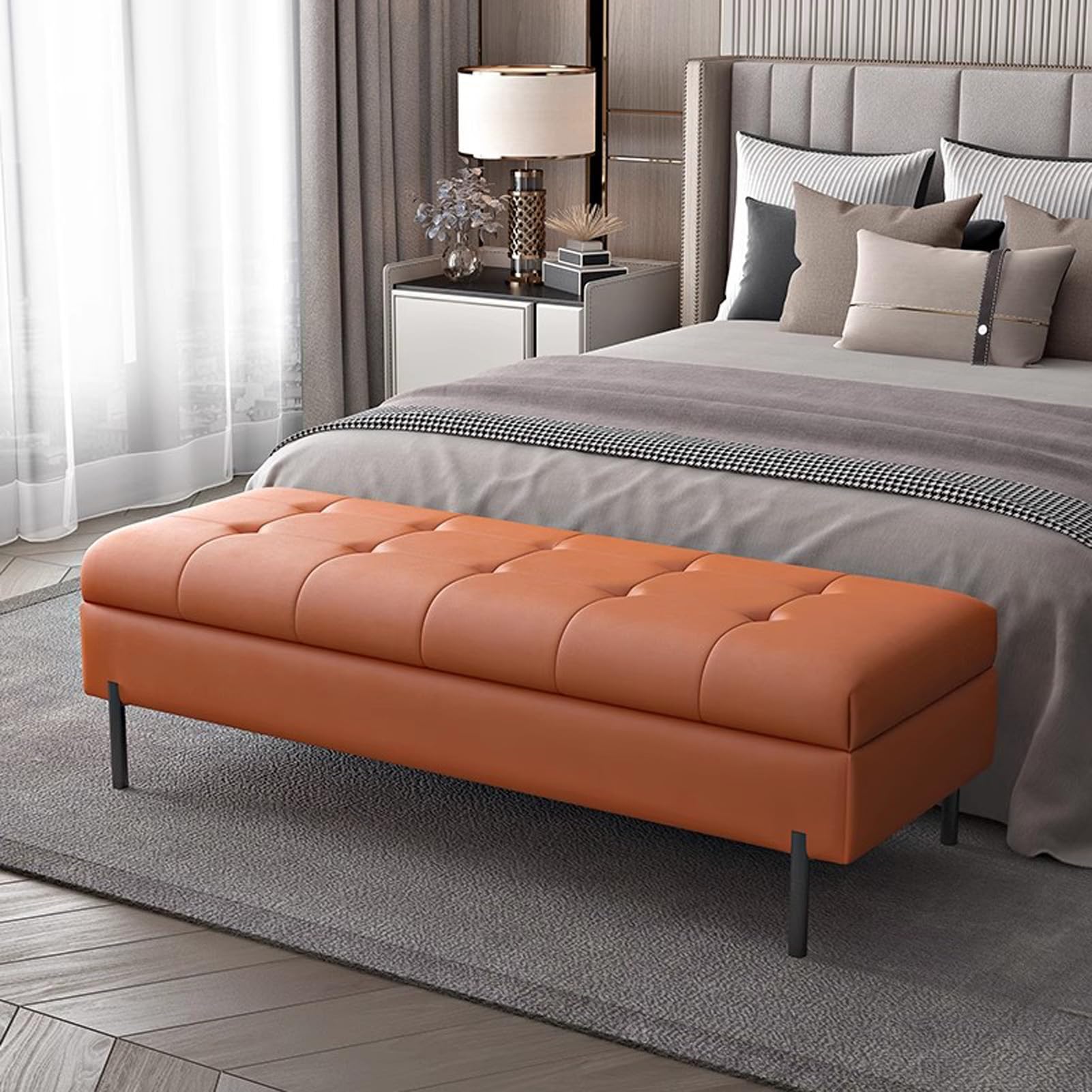 OIFAODAO Leather Storage Chest, Bench with Padded Seat Footrest(Orange)