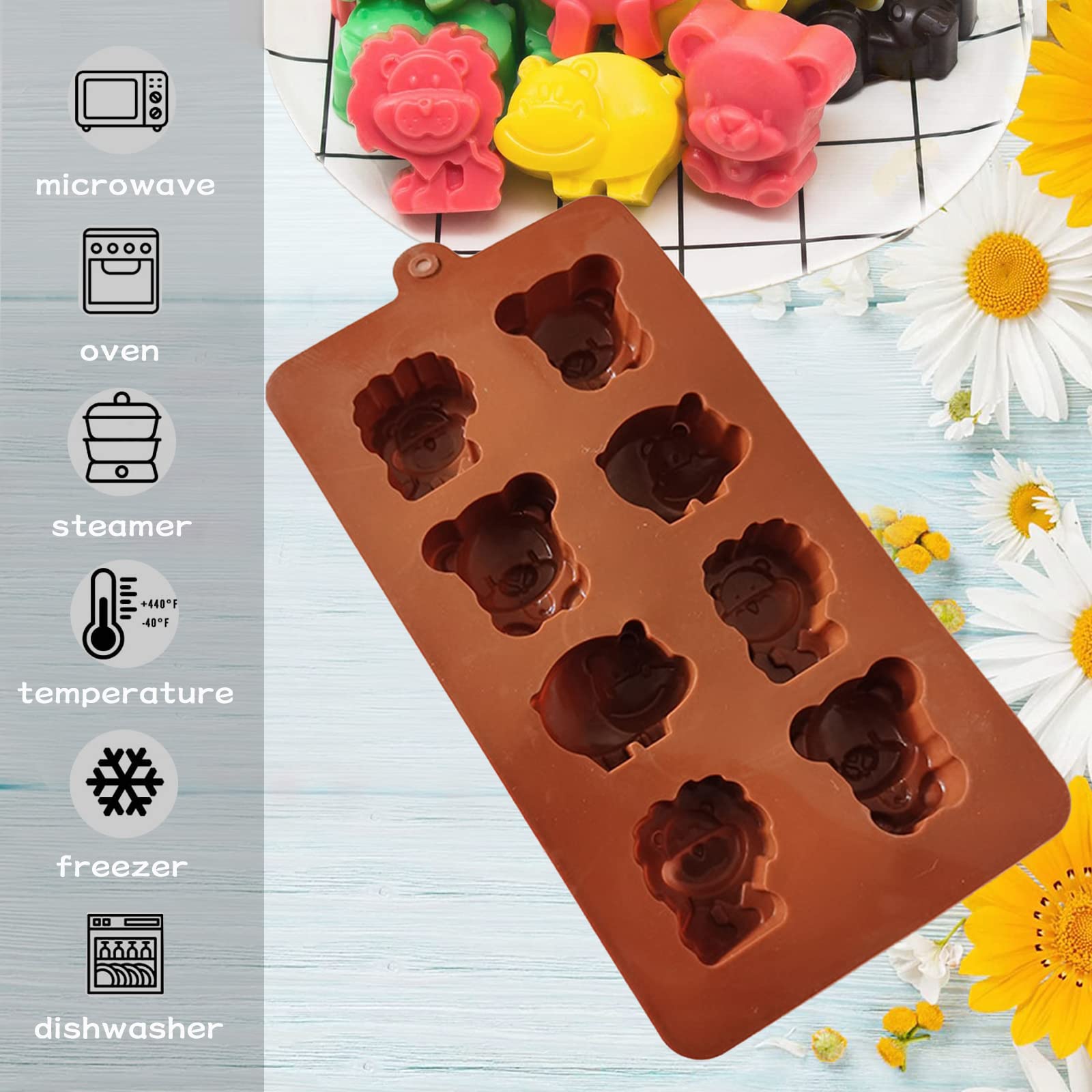 WishesMar Moule à Chocolat Forme de Animaux Lion, Hippopotame Ours 8 Cavités Moules en Silicone pour Bonbon Glace Petit Savon Décoration de Gateau
