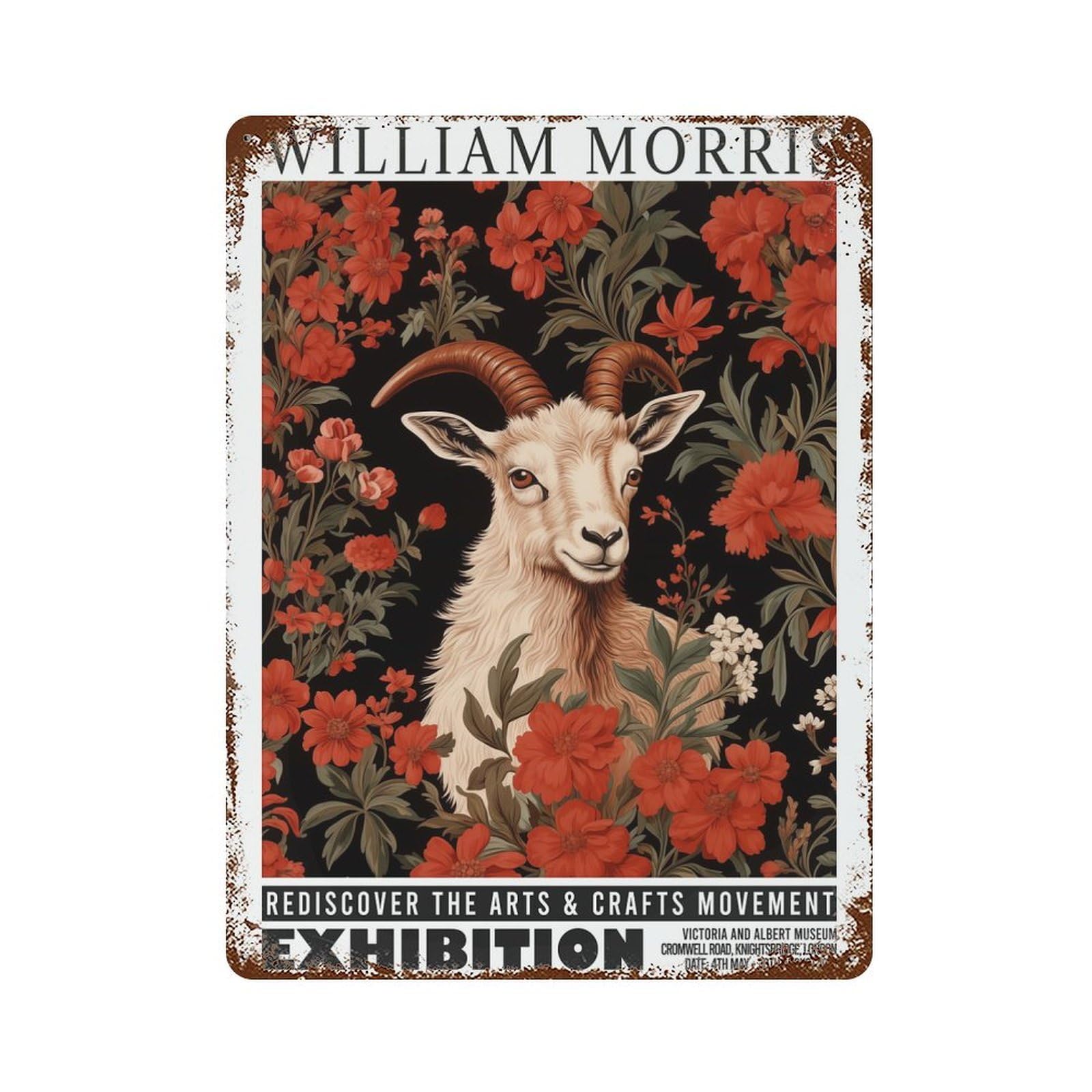 Decorative Tin Sign with Morris Goat Botanical Exhibition Design 15.7"x11.8", for Farmhouse, Kitchen And Entryway Decor, Old School Wall Decor
