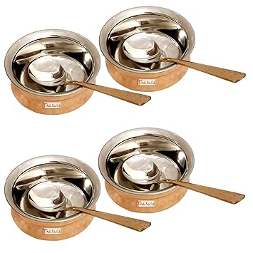 Prisha India Craft Steel Copper Handi Spoon Set Bowl, for Serving Dishes, Tableware, 250 ML, Set of 4