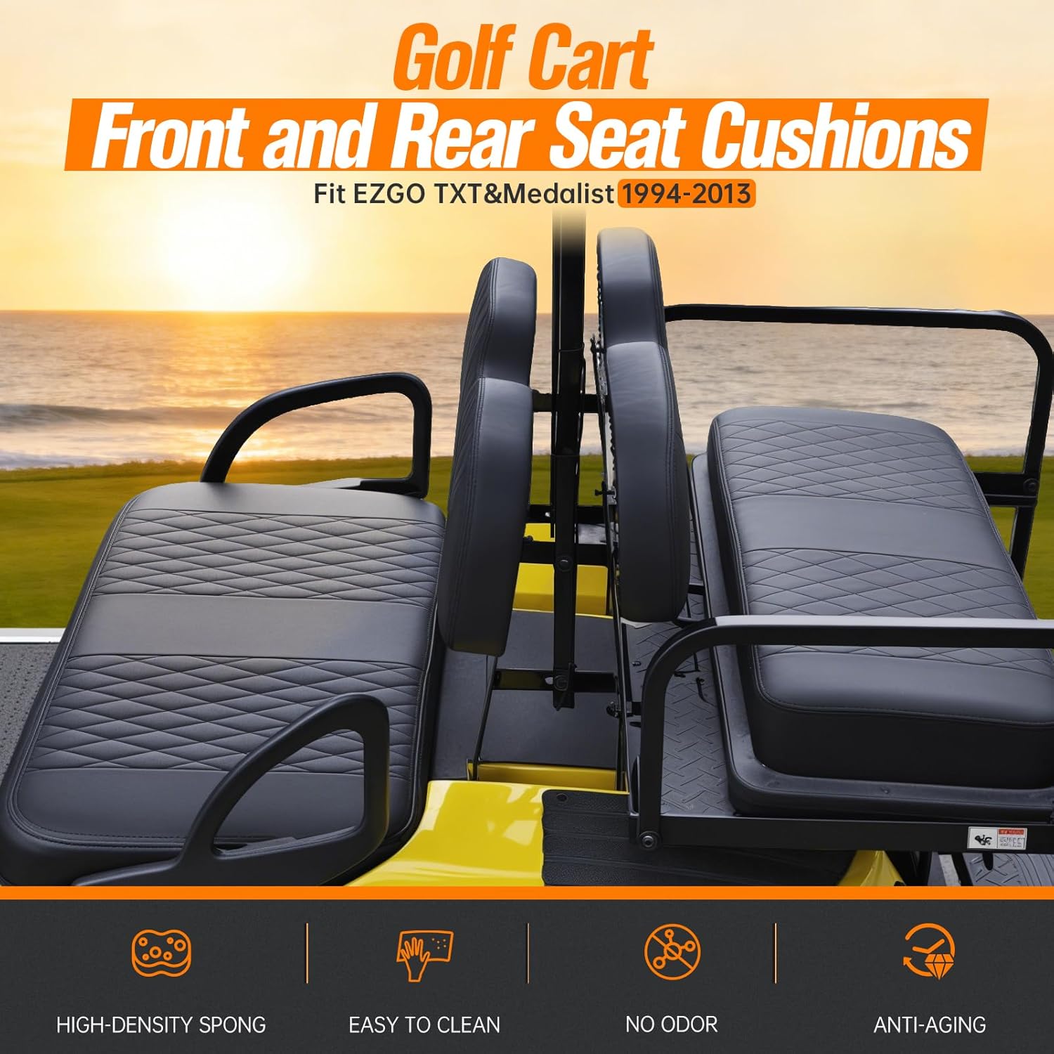 4PCS Golf Cart Seat Replacement Cushion Kit for EZGO TXT&Medalist 1994-2013 Golf Cart, EZGO Front&Rear Seat Cushions- Includes Soft Seat Cushion and Back Cushion Set, Black