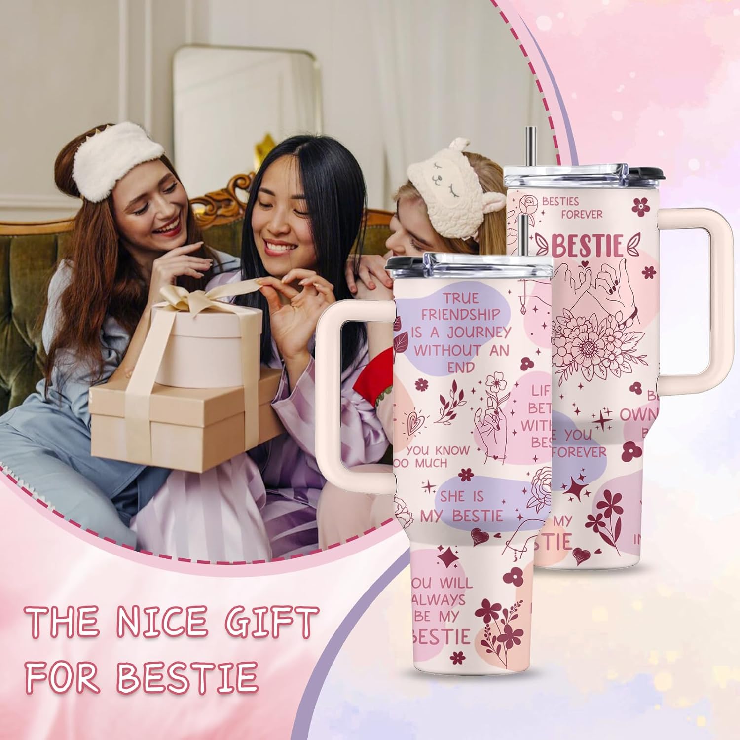 Bestie Gifts for Women, 40 Oz Bestie Tumbler with Handle & Straw, Friends Tumbler, Bestfriend Gift, Thanksgiving Christmas Birthday Gift for Bestfriend, Friend Cup for Her Women Female, 1 PCS - Image 7