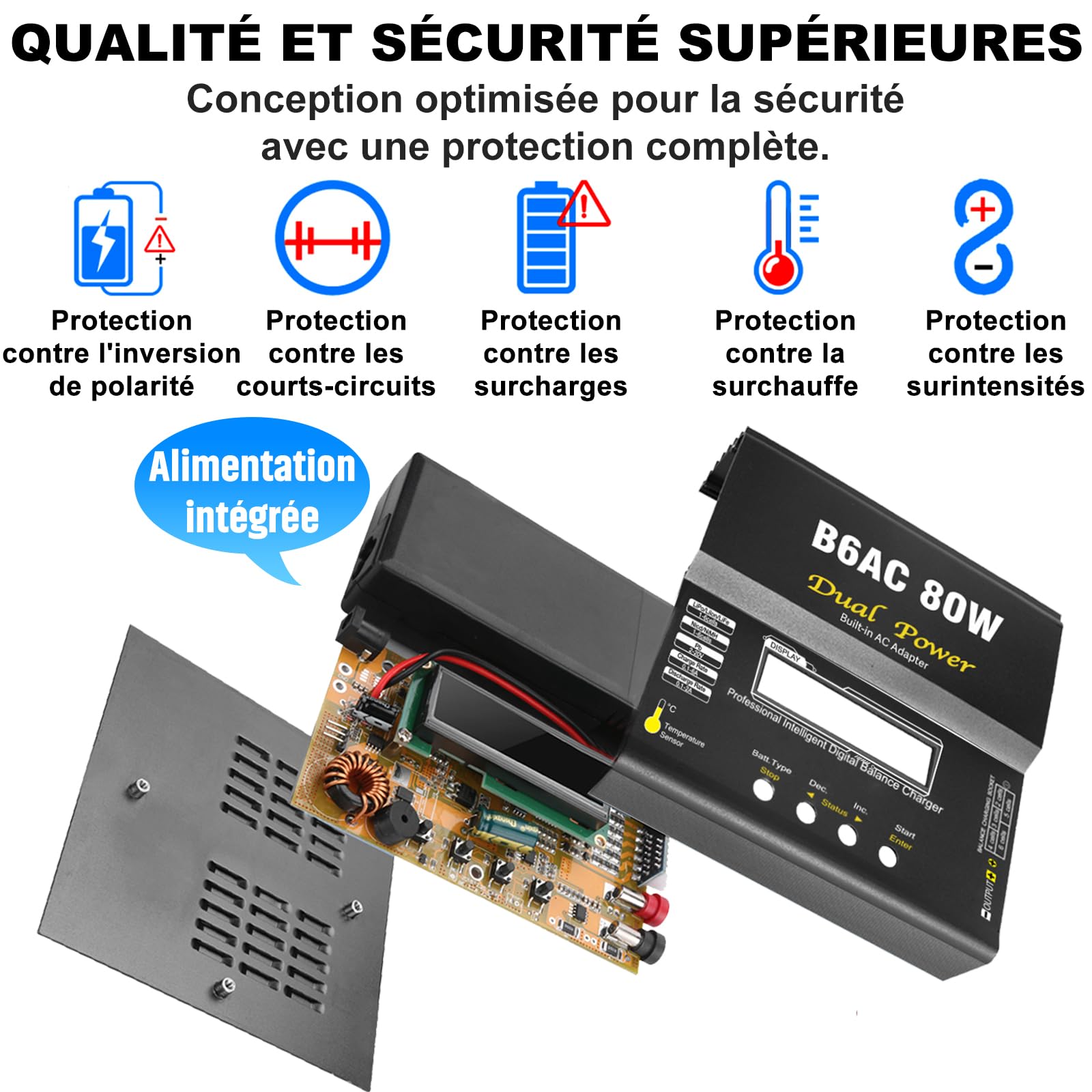 HTRC Chargeur Batterie LiPo, 80W 6A Chargeur LiPo RC pour Batteries LiPo/Li-ION/Life (1-6 Cellules), NiMH/NiCd (1-15 Cellules) et PB (2-20V), équipé de Connecteurs XT60/Prise T/Tamiya/Pince Crocodile
