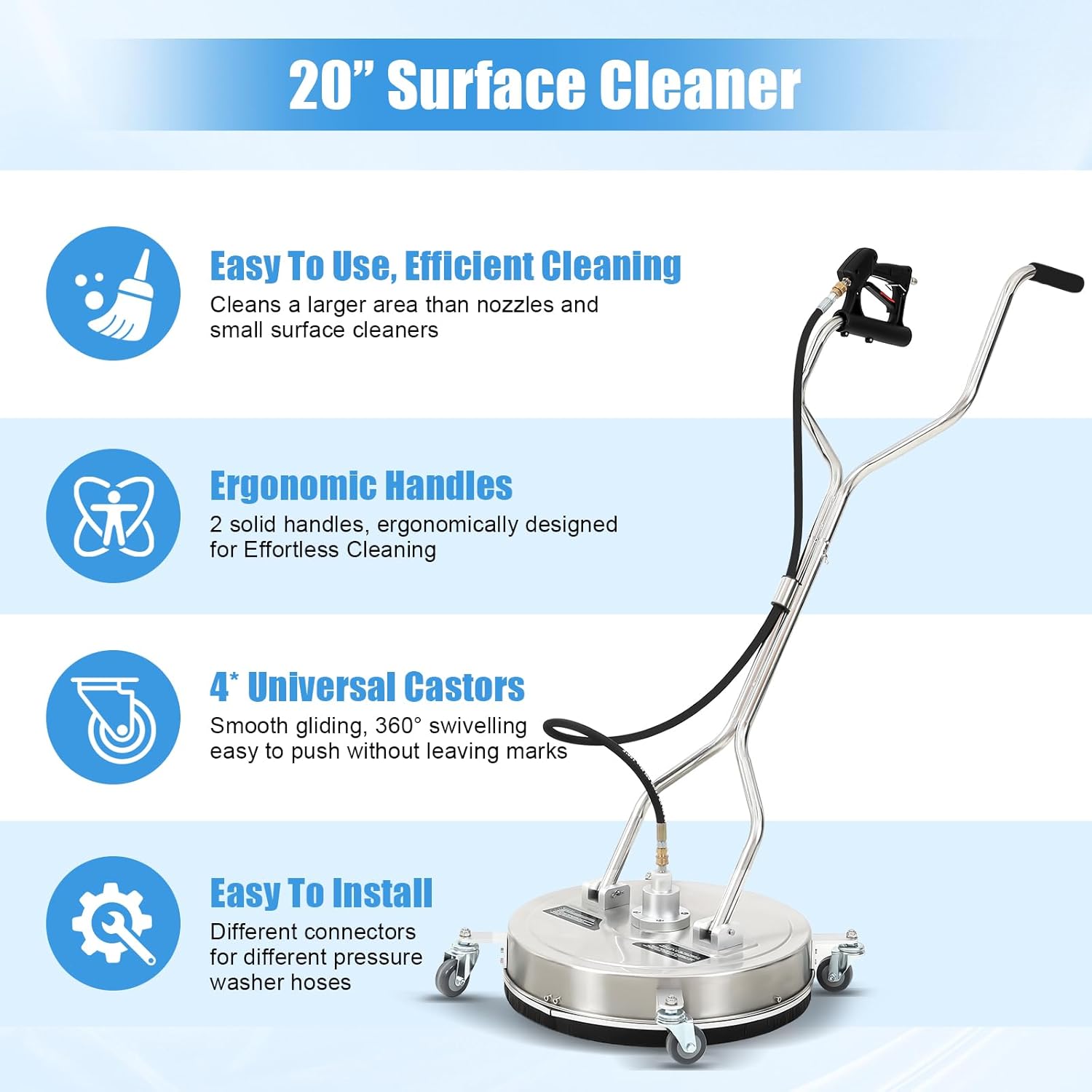 Dollate 20" Pressure Washer Surface Cleaner,with 4 Wheels,Dual Handle,5 Replacement Nozzles Stainless Steel Power Surface Cleaner for Concrete, Cement, Patios and Driveways 4000 PSI