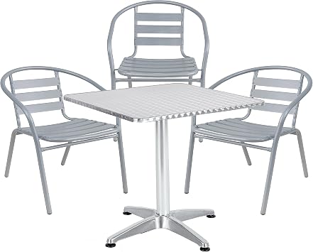 Indoor Outdoor Restaurant Stainless Steel Aluminum + 3 Silver Gray Metal Slat Stack Commercial Lightweight, 3 Chairs with a 27.5" Square Table