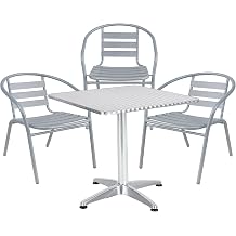 BTEXPERT Indoor Outdoor Restaurant Stainless Steel Aluminum + 3 Silver Gray Metal Slat Stack Commercial Lightweight, 3 Chairs with a 27.5" Square Table