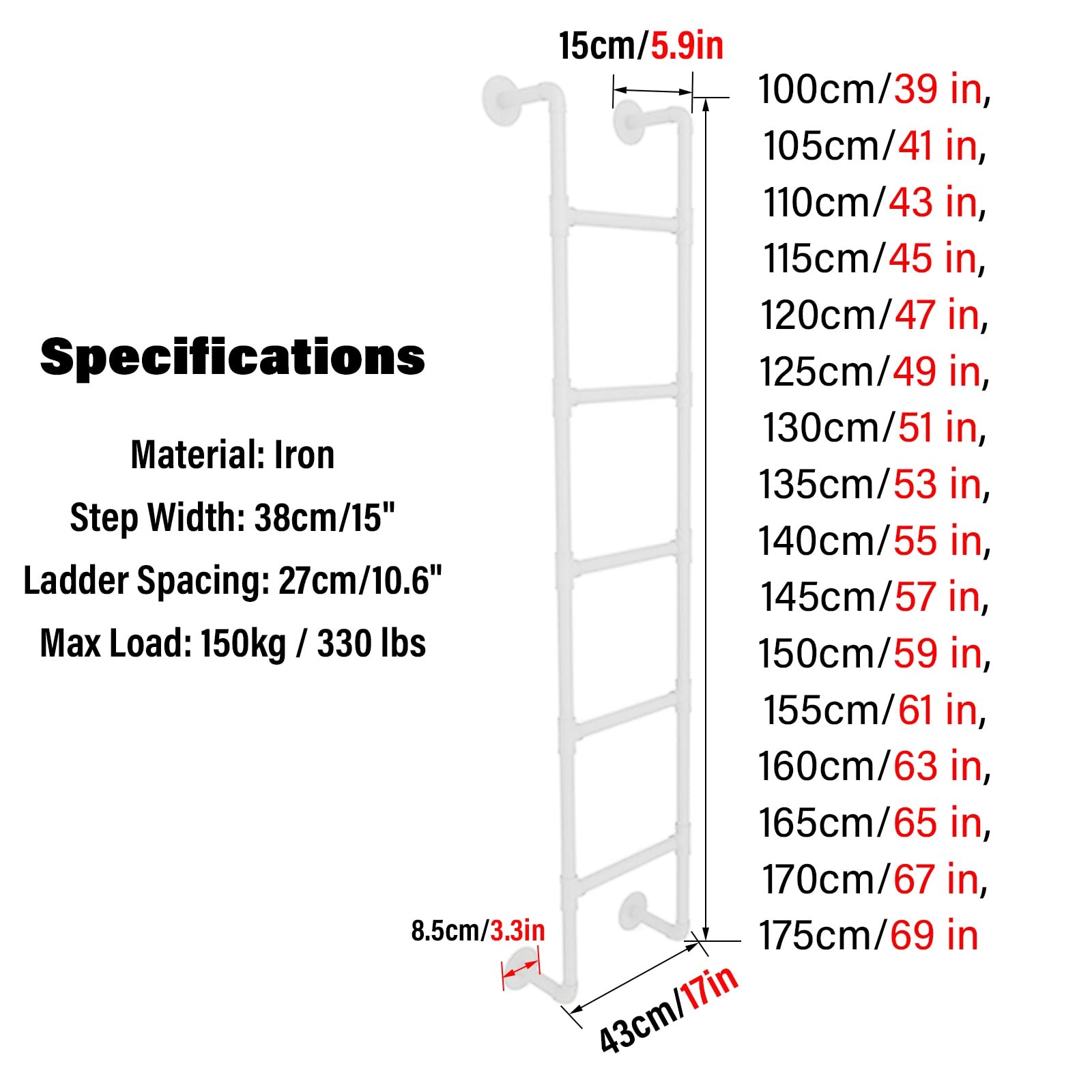 Scala di Emergenza in Ferro battuto Bianco per pozzetto Finestra, soffitta, Letto a Castello e Letto Alto, con Portata di 150 kg, 57 Pollici.