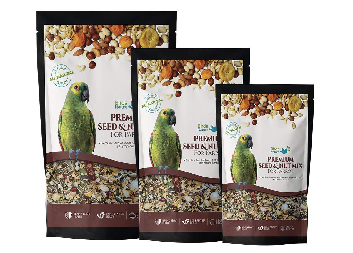 BirdsNature Premium Seed & Nut Mix Food for African Greys Parrot, Senegals, Amazons, Electus, Small Cockatoos, Conures, Caiques & Exotic Birds (500g)