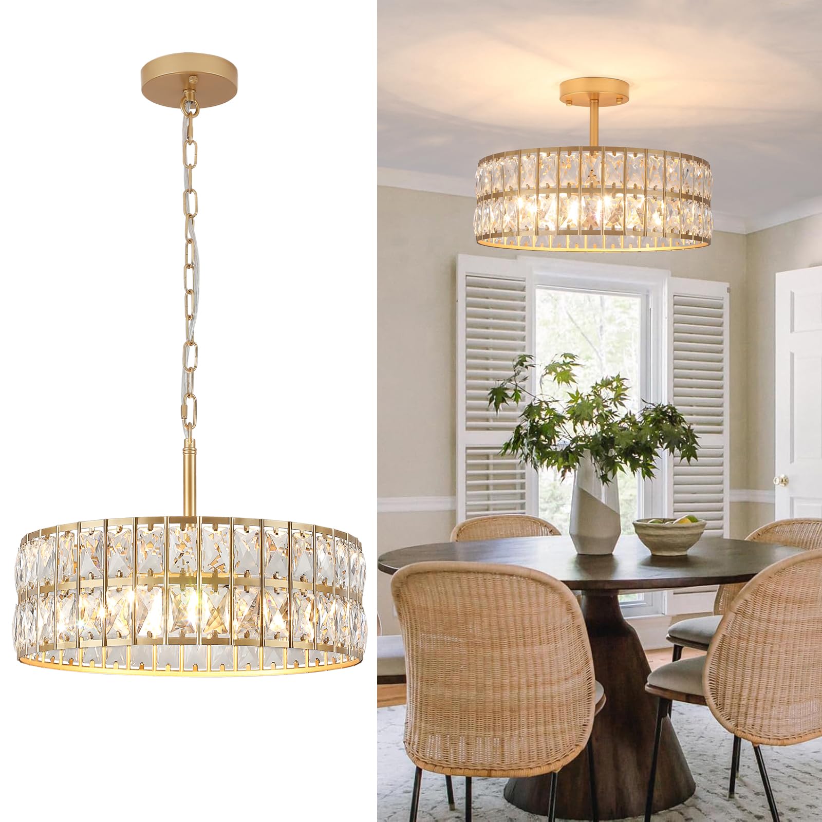 Modern Gold Crystal Ceiling Pendant Lighting, 5-Light Vintage Metal Semi-Flush Mount Hanging Light, Gold Chandelier with Round Crystal Shade and Adjustable Metal Chain, E14 Dimmable Socket