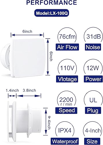 Miniatura 2 de Extractor de pared de baño de 4 pulgadas, blanco, 76 CFM, válvula de retención antirretorno, cable estadounidense de 3.3 pies para cocina,