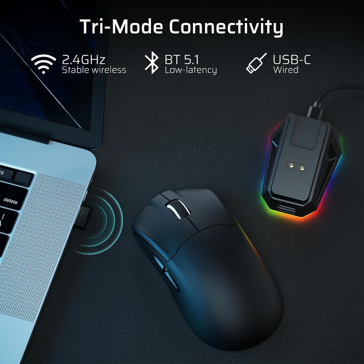 LTC GM022 Ultralight 3-Mode Wireless Gaming Mouse with RGB Charging Dock, PAW3395 26K DPI Sensor, 55G Lightweight Ergonomic Bluetooth Gaming Mouse, 5 Programmable Buttons, 80 Million Click Switch