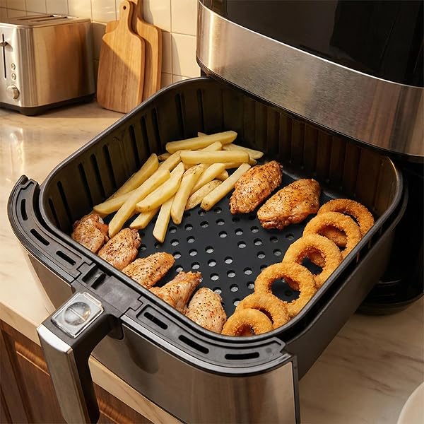 Tappetini in silicone per friggitrice ad aria calda, 2 pezzi, 21,5 cm, tappetini riutilizzabili per friggitrice ad aria calda, carta da forno in silicone forata per friggitrice ad aria calda (nero) - 2