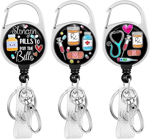 3 piezas divertido carrete de insignia de farmacia retráctil resistente con clip de mosquetón giratorio de 360 bonito soporte de tarjeta de